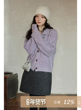 夕蒙2025新款冬季韩系针织衫小众独特漂亮减龄高级感紫色毛衣开衫