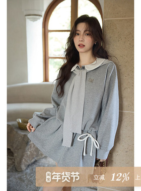 夕蒙2025新款秋韩系小众不撞款气质小个子裙子独特系带灰色连衣裙