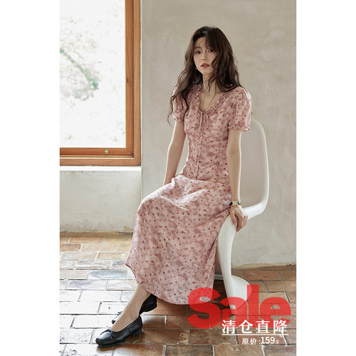 【清仓秒杀】夏韩系气质裙子小个子扎染小众独特粉色波点连衣裙女