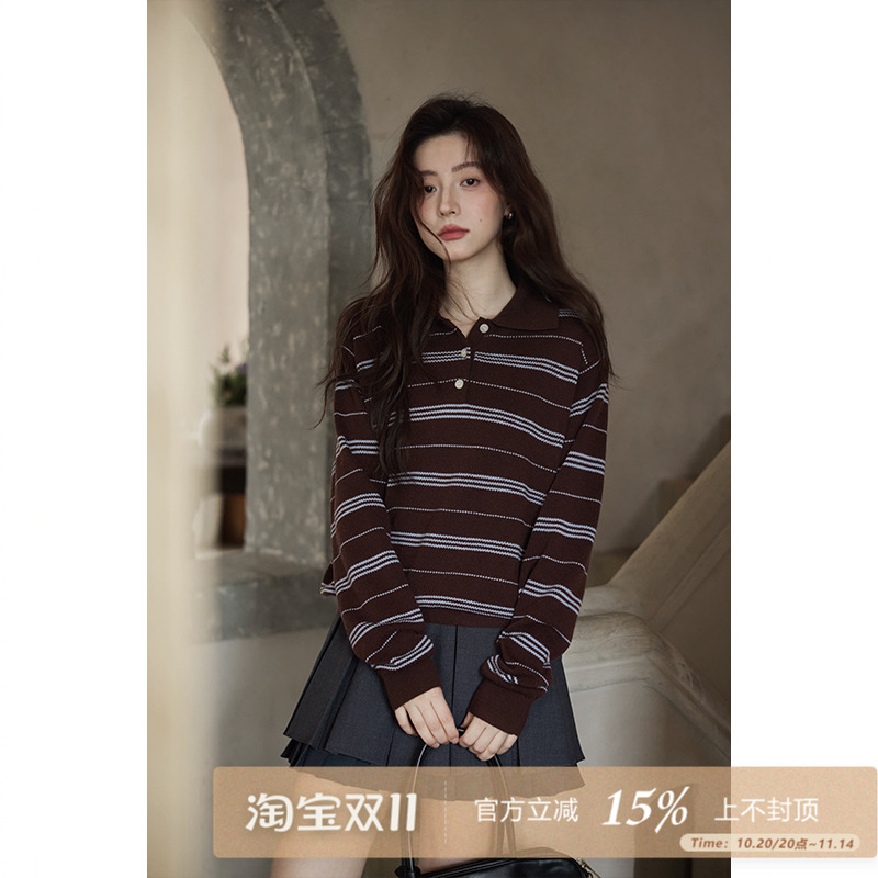 夕蒙2025新款秋韩系小众上衣高级慵懒咖色Polo领条纹长袖针织衫女