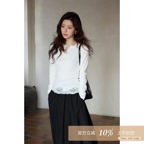 夕蒙2026新款春季韩系气质独特绝美上衣蕾丝拼接白色套头长袖t恤