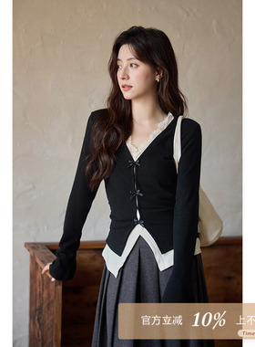 夕蒙2025新款秋韩系气质假两件上衣修身独特小个子显瘦长袖t恤女