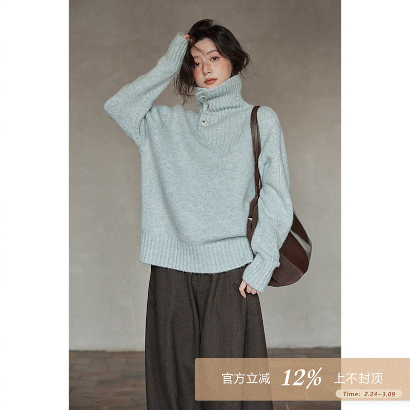 夕蒙2026新款冬季韩系慵懒风宽松小个子软糯独特漂亮蓝色高领毛衣