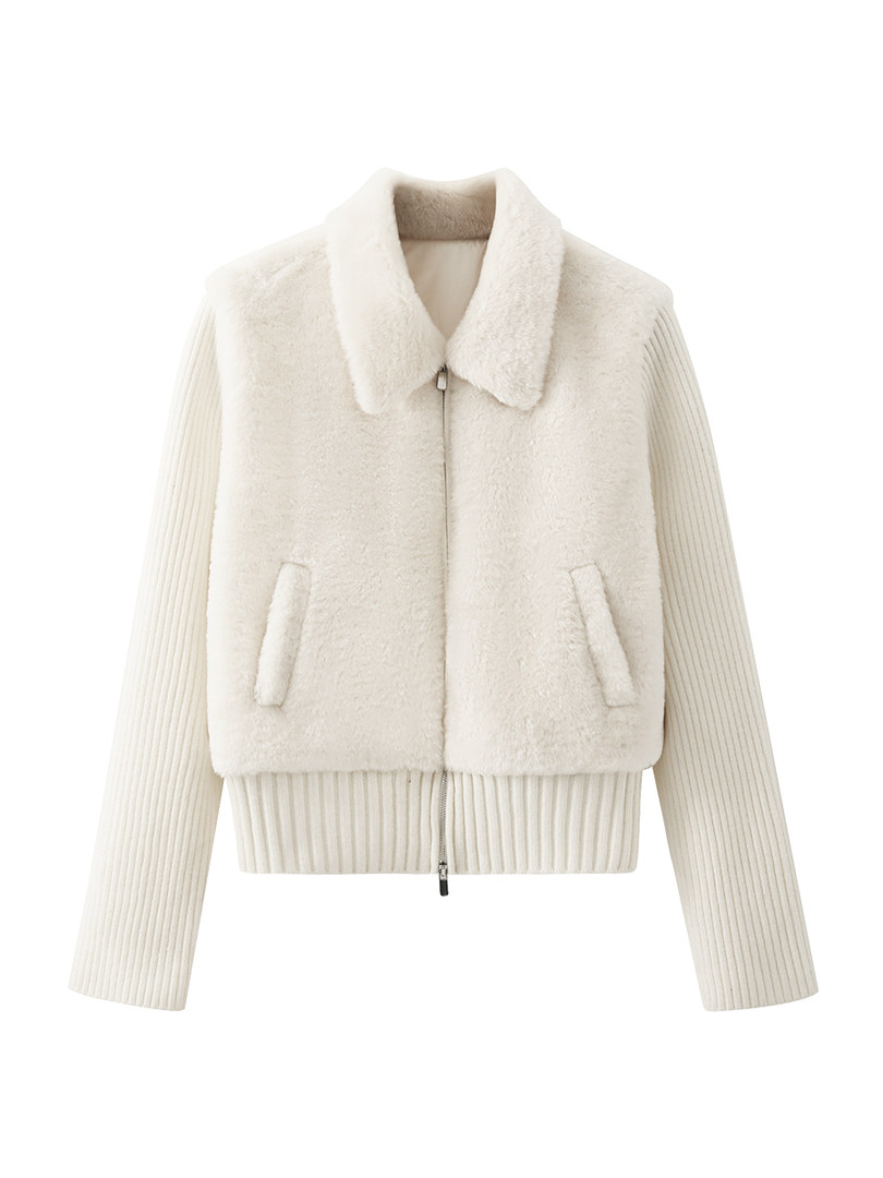 Cream sherpa and ribbed zip-up jacket on a white background