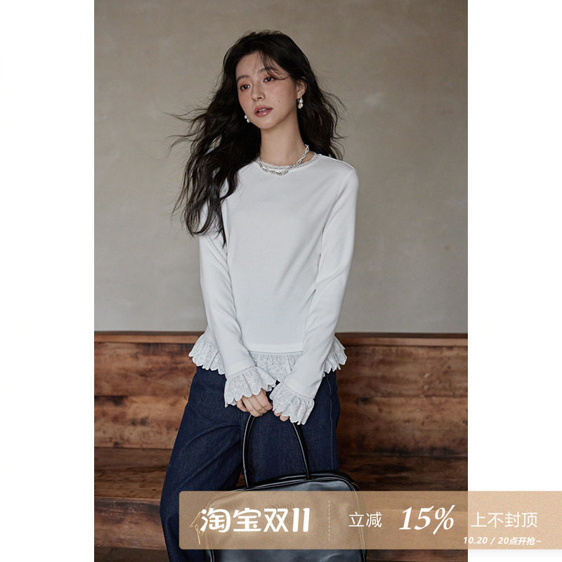 夕蒙2026新款秋季白色内搭打底衫设计感修身蕾丝花边正肩长袖t恤