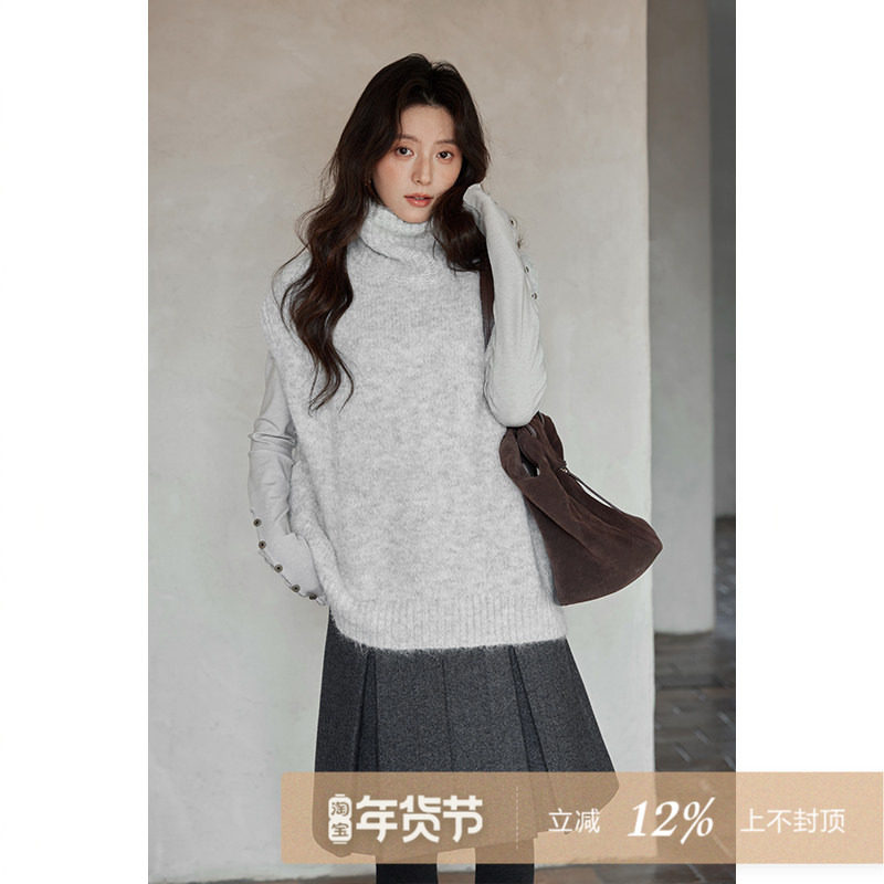 夕蒙2025新款冬季韩系上衣慵懒高级感小个子软糯灰色马甲高领毛衣