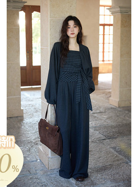 【大额立减】秋冬韩系气质高级感小众洋气格纹吊带外套裤子三件套