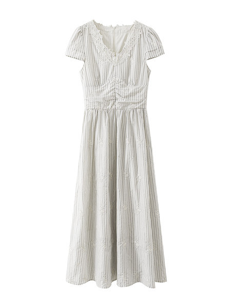 White short-sleeve lace-trimmed long dress on a plain background