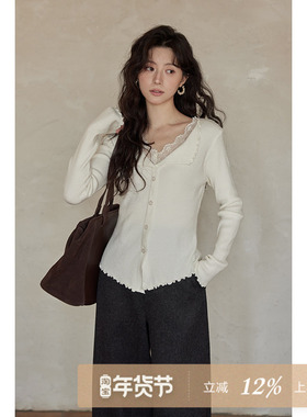 夕蒙2025新款冬季韩针织衫修身小个子独特绝美流行杏色蕾丝毛衣女