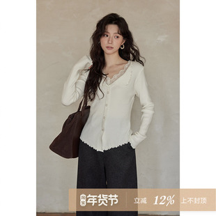 夕蒙2025新款冬季韩针织衫修身小个子独特绝美流行杏色蕾丝毛衣女