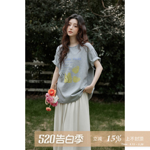 夕蒙2026新款春夏韩系气质好看上衣宽松圆领花灰色印花短袖t恤女