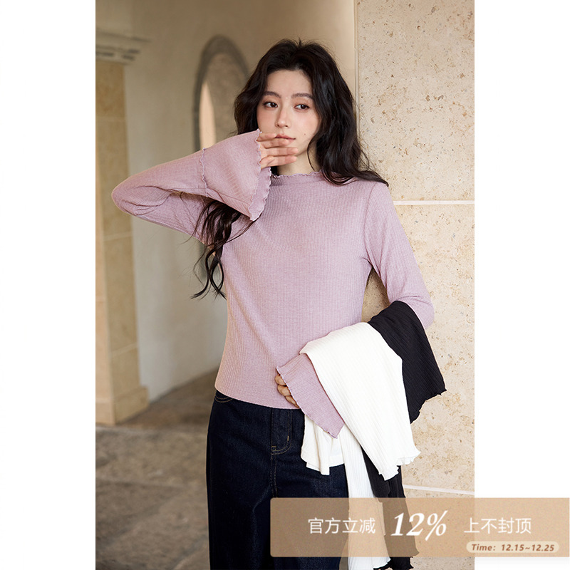 夕蒙2025新款冬季韩系气质内搭打底衫独特漂亮修身木耳边长袖t恤