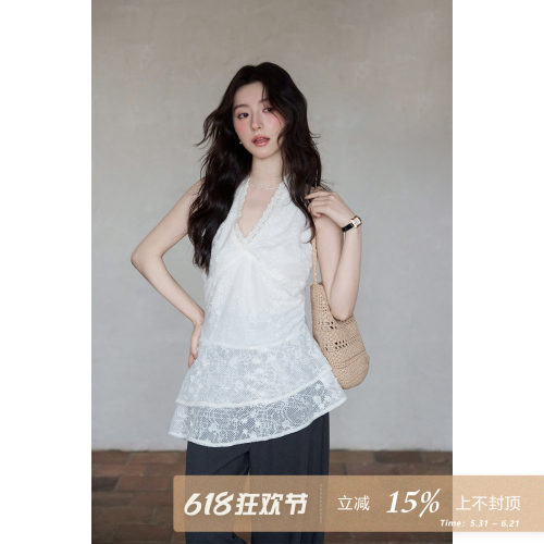 夕蒙2026新款夏季韩系独特漂亮上衣白色v领蕾丝花苞无袖背心小衫