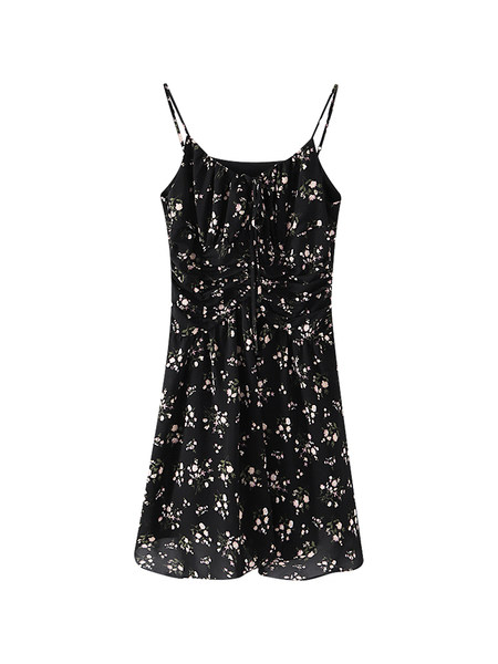 Black floral sleeveless dress on a white background