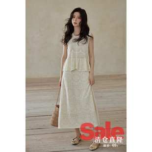 针织衫 夏韩系气质上衣小个子镂空复古无袖 半身裙套装 清仓秒杀