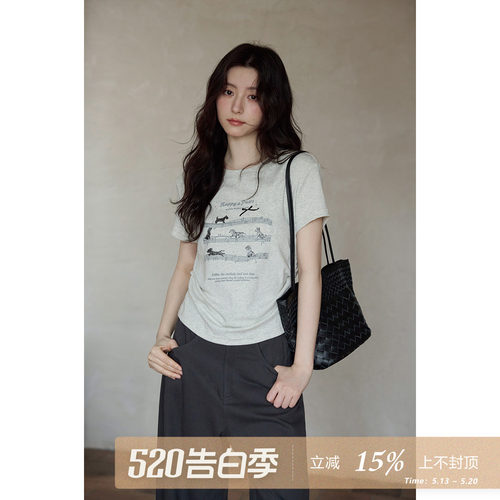 夕蒙2026新款夏季韩系好看上衣短款修身显瘦圆领印花掐腰短袖t恤
