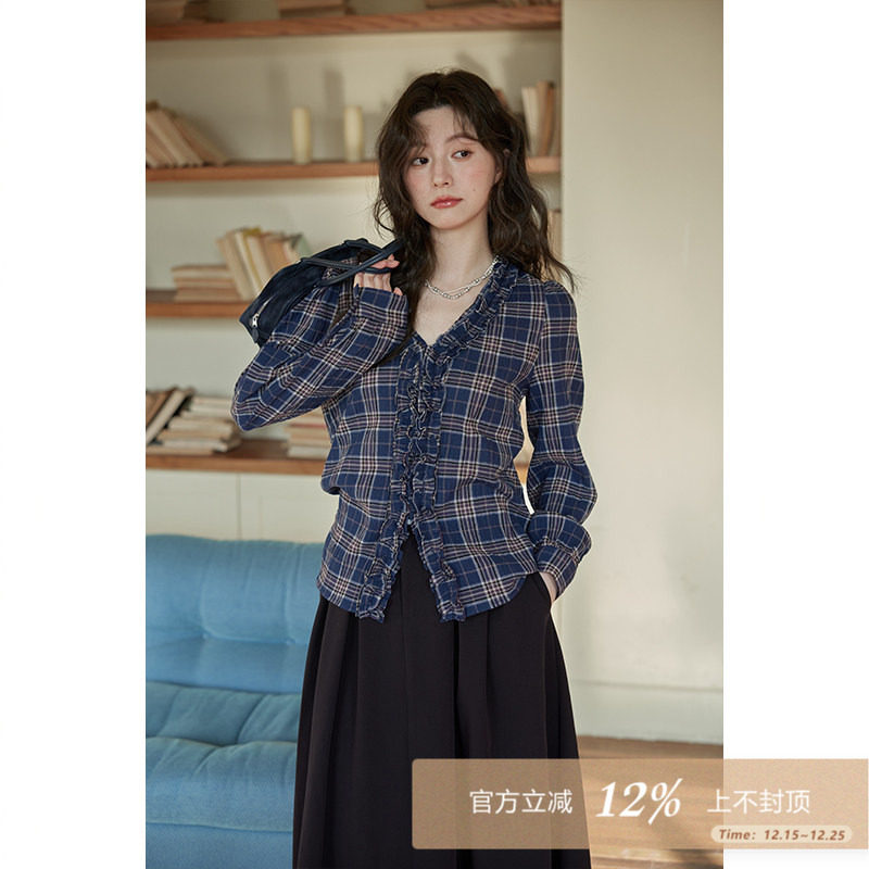 夕蒙2025新款秋韩系气质上衣设计感小众小个子减龄复古蓝格衬衫女