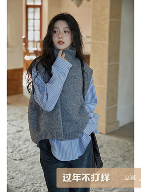 夕蒙新款设计感小众马甲法式灰色背心毛衣女小个子无袖上衣秋冬季