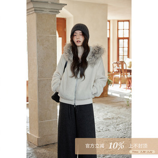 夕蒙2025新款冬季韩系绝美小个子独特羊羔毛杏色毛领连帽毛绒外套