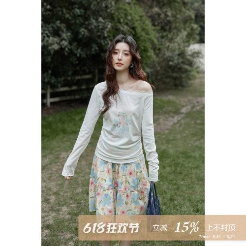 夕蒙2026新款春夏韩系好看上衣独特蕾丝拼接白色斜肩收腰长袖t恤