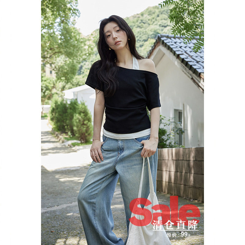 【清仓秒杀】夏韩系气质上衣设计感小个子小众一字肩挂脖短袖t恤