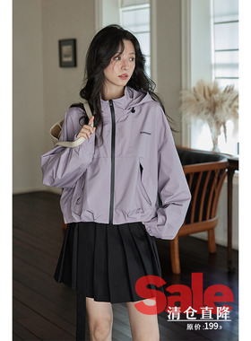 【清仓秒杀】春秋短款休闲百搭紫色慵懒感独特气质连帽拉链短外套