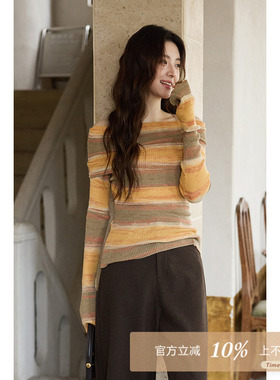 夕蒙2025新款秋绝美巨好看上衣小个子独特修身高级橘色条纹针织衫
