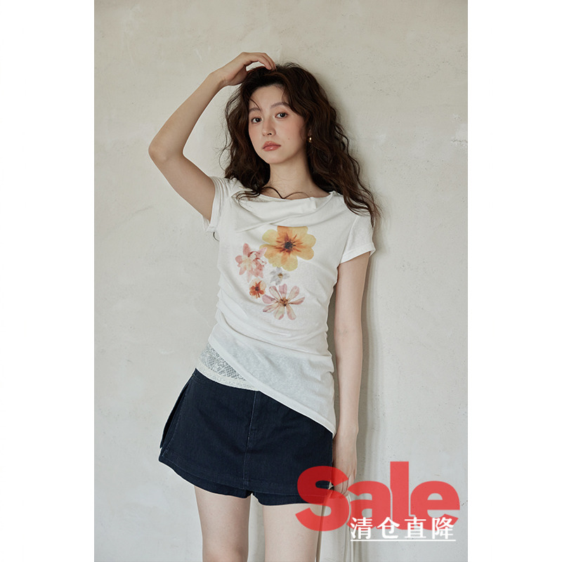 【清仓秒杀】夏韩系修身上衣设计感小众假两件白色褶皱短袖t恤女
