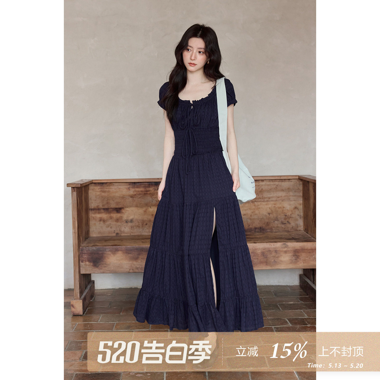 夕蒙新款夏季韩系气质绝美裙子藏蓝色方领泡泡袖长款开叉连衣裙女