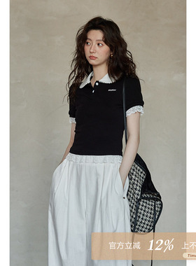夕蒙2026新款夏韩系上衣气质蕾丝拼接小众黑色短款Polo领短袖t恤