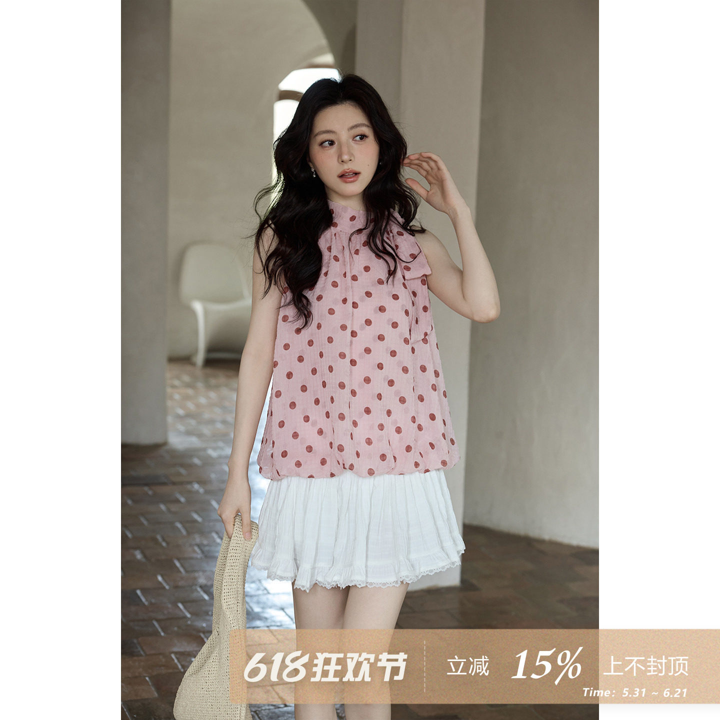 夕蒙2026新款夏季韩系设计感雪纺衫小众粉色波点背心无袖花苞上衣