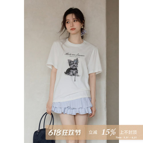 夕蒙2026新款春夏韩系气质上衣小众绝美独特小狗白色圆领短袖t恤