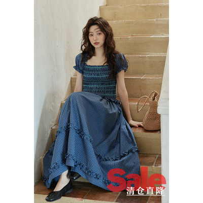 【直降清仓】夏韩系气质裙子小个子设计感小众复古蓝格短袖连衣裙