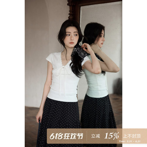 夕蒙2026新款春夏韩系好看漂亮小上衣蝴蝶结小飞袖白色短袖t恤女