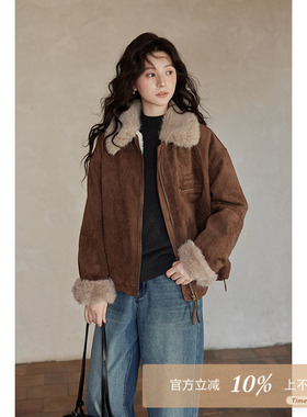 夕蒙2025新款冬季韩系巨好看小个子减龄独特流行咖色麂皮绒厚外套