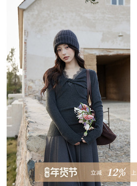 夕蒙2025新款冬季韩系软糯针织上衣设计感独特小个子灰色修身毛衣