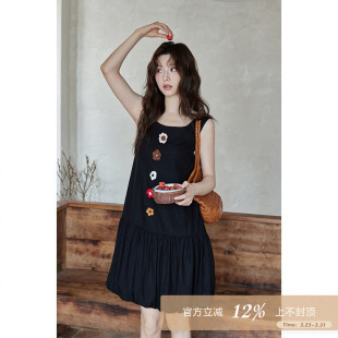 夕蒙2026新款 黑色花朵连衣裙 夏韩系气质裙子流行小个子设计感无袖