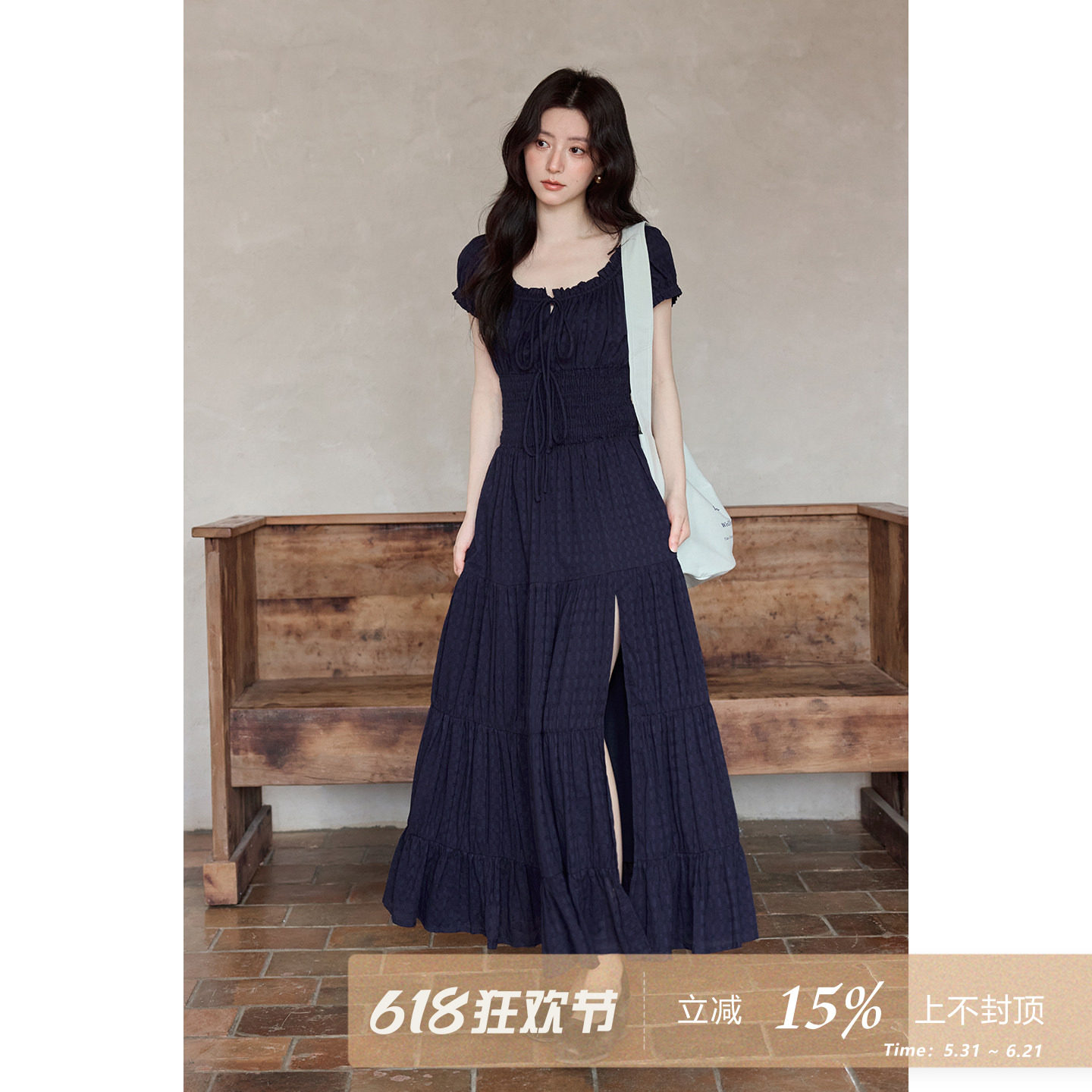 夕蒙新款夏季韩系气质绝美裙子藏蓝色方领泡泡袖长款开叉连衣裙女