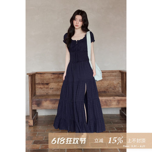 夕蒙新款夏季韩系气质绝美裙子藏蓝色方领泡泡袖长款开叉连衣裙女