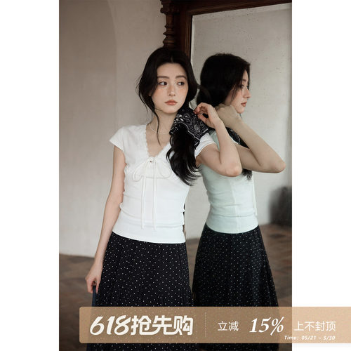 夕蒙2026新款春夏韩系好看漂亮小上衣蝴蝶结小飞袖白色短袖t恤女