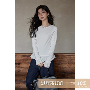 夕蒙2026新款春秋白色内搭打底衫时尚小众小个子别致蕾丝花边t恤