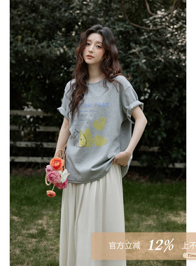 夕蒙2026新款春夏韩系气质好看上衣宽松圆领花灰色印花短袖t恤女