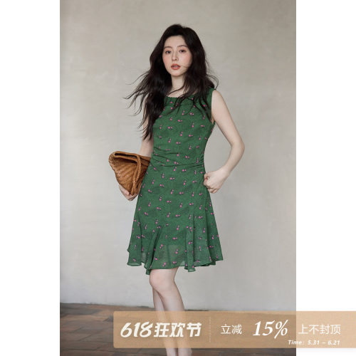 夕蒙2026新款夏季韩系好看裙子绿色掐腰碎花褶皱无袖背心连衣裙女