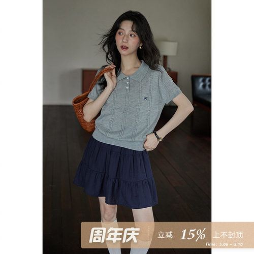 夕蒙2026新款夏季灰色薄款学院风气质短袖内搭小个子针织衫上衣