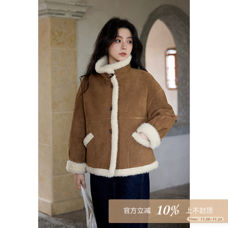 夕蒙2025新款冬季韩系小众高级不撞款加厚独特小个子卡其翻领外套