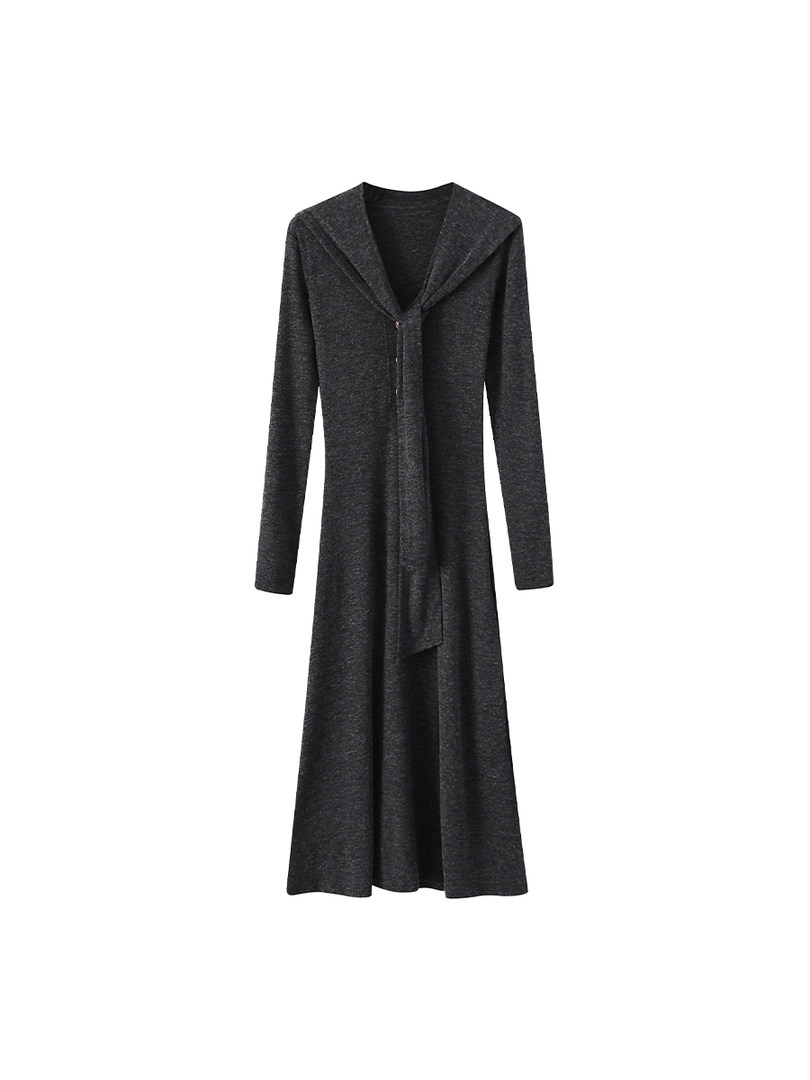 Dark long-sleeve hooded maxi dress displayed on a white background