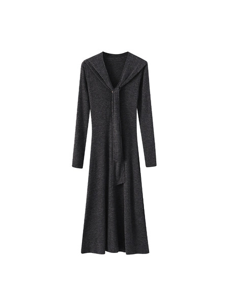 Dark long-sleeve hooded maxi dress displayed on a white background