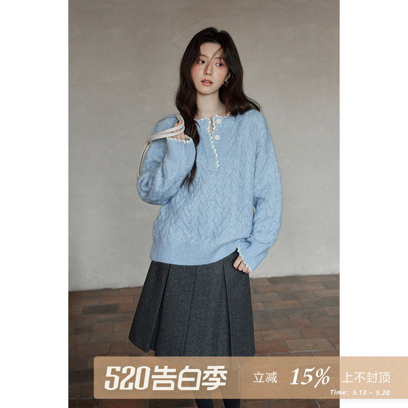 夕蒙2025新款冬季韩系复古麻花小个子慵懒松弛感蓝色亨利领毛衣女