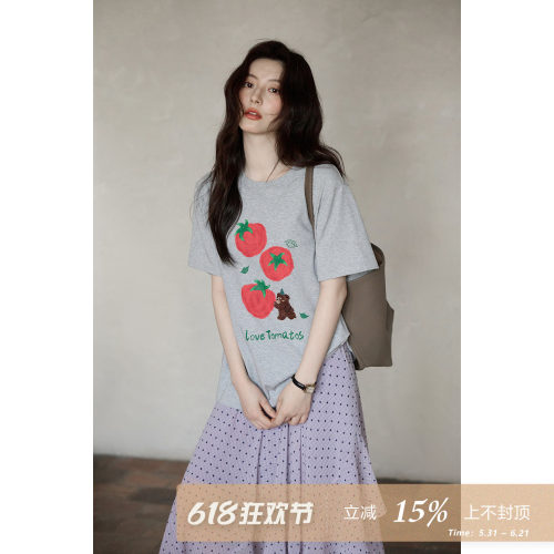 夕蒙2026新款夏季韩系休闲好看上衣慵懒灰色圆领番茄印花短袖t恤