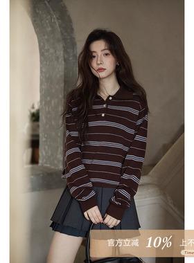 夕蒙2025新款秋韩系小众上衣高级慵懒咖色Polo领条纹长袖针织衫女
